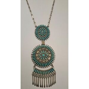 Signed Zuni Libert Peyketewa Turquoise SS Needlepoint Dreamcatcher Necklace